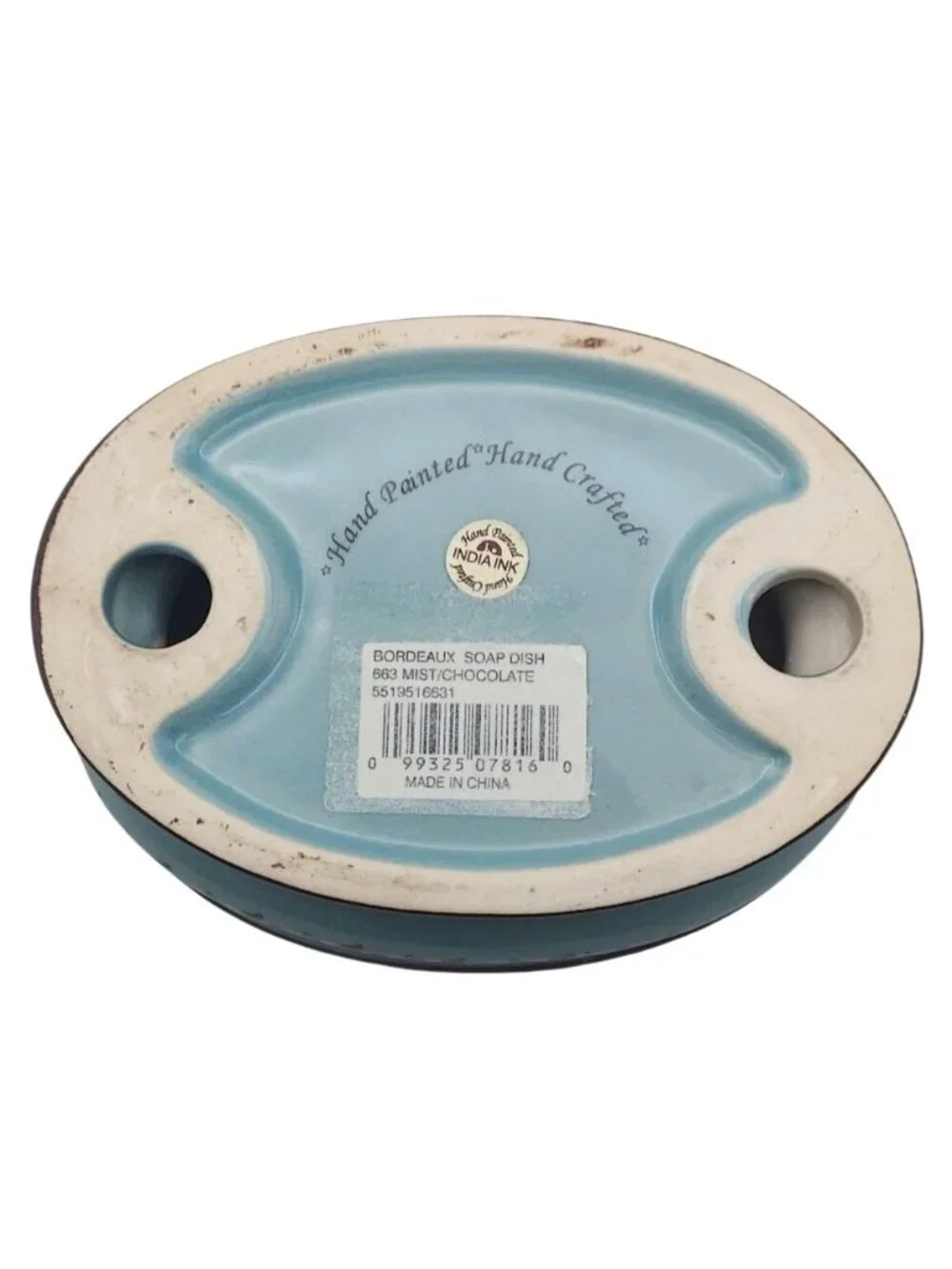 India Ink Bordeaux Hand Painted Ceramic Soap Dish Blue Mist & Chocolate Brown